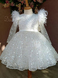 Kid Baby Girl White Fluffy Gauze Long Sleeved Sequined Dresses