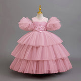 3-12T Kid Girl Cake Mesh Bubble Sleeves Birthday Party Tutu Dresses