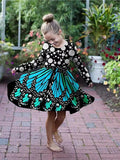2-10T Kid Girls Sweet Long-sleeved Peacock Feather Print Fashion Dresses