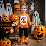 1-8Y Kid Girls Halloween Pumpkin Lantern Ghost Ruffle Flared Suit 2 Pcs Set