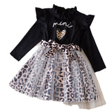 Kid Girls Korean Version Fungus Collar Leopard Print Splicing Princess Dresses