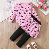 1-8Y Kid Baby Girls Autumn Winter Butterfly Print Flying Sleeves Long Sleeves 2 Pcs Set