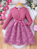 2-8Y Kid Baby Girls Solid Color Rose Flower Princess Dresses