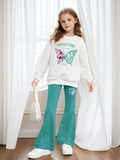 INS Girls 2-piece Set & Butterfly Print Long-sleeved Sweater + Flared Pants