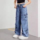 7-12Y Teen Kid Girl Star Decorated Hip Hop Jeans Pants