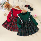 Kid Girl Plaid Long-sleeved Version Christmas Bow A-shaped Dress