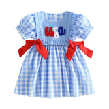 Independence Day Kid Baby Girl Summer Blue Plaid Embroidered Dress