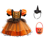 New Girls Princess Dress Halloween Costume Cosplay Witch Dress Bubble Sleeves Pumpkin Mesh Fluffy