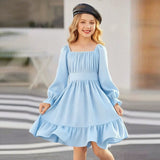 Kid Girl Square Collar Horn Long-sleeved Ruffle Big Swing Dresses