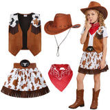Girls Western Denim Skirt Set, Halloween Party Costumes, Tassel Vest Vest