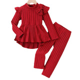 3-8Y Kid Girls Red Pit Strip Bow Fly-sleeved Suit 2 Pcs Set