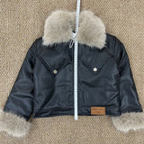 2-10T Kid Girls Leather Fur Collar Jacket Pleated Suits 2 Pcs Set