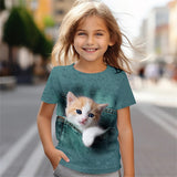 2-12T Kid Girl Cute Kitten 3D Digital Printing Casual Short-sleeved T-shirt