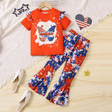 3-8 T Kid Girl Bow Independence Day Printed Short Sleeved Flared 2 Pcs Set