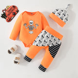 Halloween Baby Orange Skull Print Long Sleeve Stitching 3 Pcs Sets