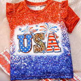 Girls' Independence Day Two-piece Set, USA Letter Pattern Gradient Top with A Five Pointed Star Pattern