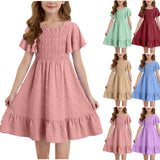 4-14T Kid Girl Sleeveless Square Neck Pleated Backless Short Dress