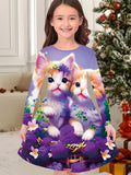 3-10T Kid Girl Flower Long Sleeve Crew Neck Spring Autumn Dresses