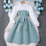 Girls' Long-sleeved Lapel Button-splicing Fashionable Contrasting Simple Dress