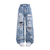 7-12Y Kid Teen Girl Fashion Explosion Ripped Star Decorated Wide Leg Jeans Pants