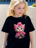 3-8Y Kid Girl Cat Wearing Bow Print Summer Short-sleeved T-shirt
