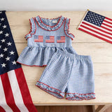 Baby Girl Summer Independence Day Flag Embroidered Sleeveless Top Shorts 2 pcs Sets