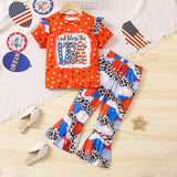 Independence Day Girls English Alphabet Print Short Sleeve Flared Pants Set