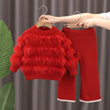 1-6T Kid Baby Girl Knitted Flared Long-sleeved Suit 2 Pcs Set