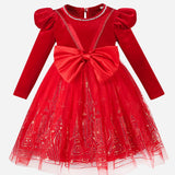 3-8Y Kid Girl Christmas Red Long Sleeve Bubble Sleeve Bow Dresses