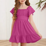 Kid Girl Summer Solid Halter Pleated Casual Dress