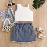 Independence Day Kid Baby Girls Shoulder Suspender Flag Printed Denim 2 Pcs Set