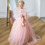 Kid Girls Princess Pink Fluffy Gauze Walk Show Birthday Piano Performance Dresses