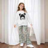 INS Girls Girls Print Sweater and Leopard Flared Pants Casual
