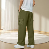 Boys Straight Elastic Waist Loose Lace-up Casual Pants Fashion Solid Color Pocket Tooling Trousers