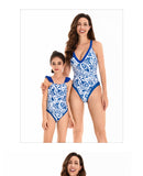 New Parent-child Swimsuit Women's High-waisted Bikini Adult Swimsuit Blue and White Porcelain