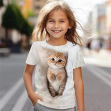 2-12T Kid Girl Cute Kitten 3D Digital Printing Casual Short-sleeved T-shirt