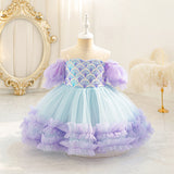Kid Girls Mermaid Birthday Party Bubble Sleeve Cosplay Costume Dress