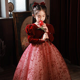 Kid Baby Girls  Velvet Long Sleeve Evening Piano Performance Dresses