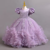 3-12T Kid Girl Princess Mesh Tutu Skirt Handmade Beaded Fungus Sleeve Dresses