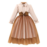 Kid Girls Long-sleeved Lapel Waist Seal Mesh Splicing Pleated Dresses