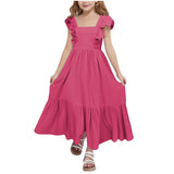 Kid Girl Summer Sweet Square Neck Flying Sleeve Backless Dresses