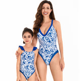 New Parent-child Swimsuit Women's High-waisted Bikini Adult Swimsuit Blue and White Porcelain