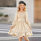 Kid Girl Square Collar Horn Long-sleeved Ruffle Big Swing Dresses