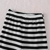 Black and White Striped Polo Collar Long-sleeved Women's Korean Version Short Long-sleeved Two-piece Set