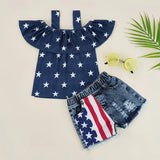 Independence Day Kid Baby Girls Denim Suspender Shorts 2 Pcs Set