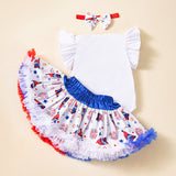 Baby Girls Party Flying Sleeves Independence Day Mesh Skirt 3 Pcs Set