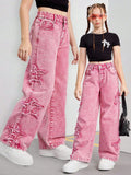 7-12Y Teen Kid Girl Star Decorated Hip Hop Jeans Pants