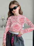 Fashion Versatile High Quality Checked Girls Short Crew Neck Long Sleeves