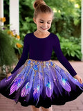 2-10T Kid Girls Sweet Long-sleeved Peacock Feather Print Fashion Dresses
