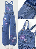 7-12Y Kid Girl Flower Embroidered Denim Overalls Casual Personality Jumpsuit Pants